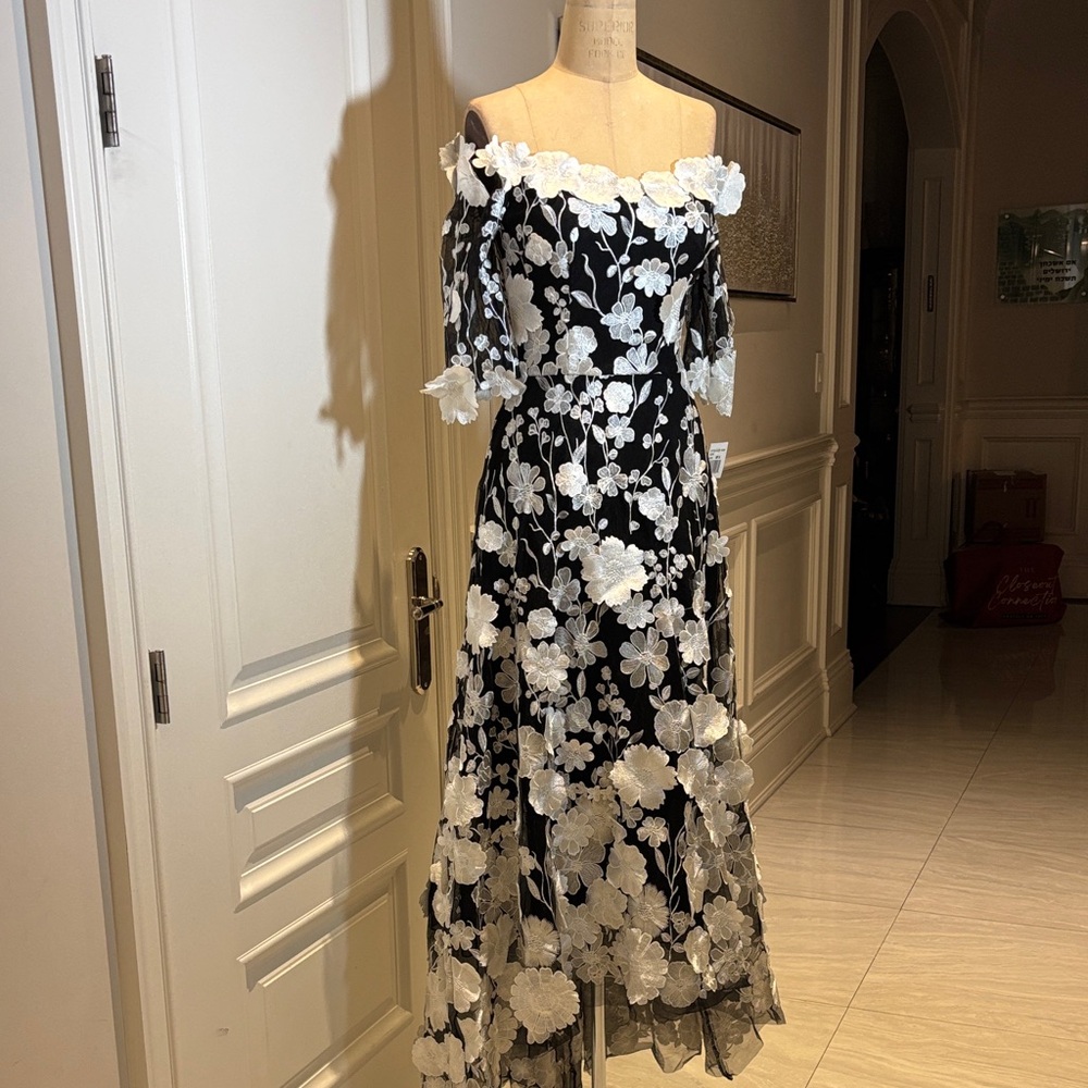 NWT Teri Jon Black and White 3D Floral Off-Shoulder Dress